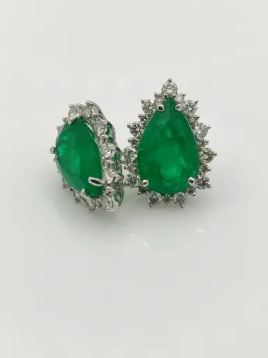 [329] Aretes Esmeralda Gota y Diamantes - Esm 6.07Ct / Bri 0.97Ct / OB (Cert)